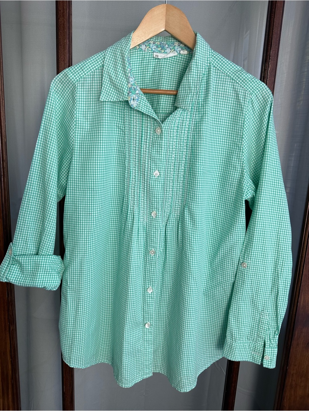 J Jill‎ Uncommon Threads Green Gingham Button Down Shirt Medium Roll Tab Sleeves